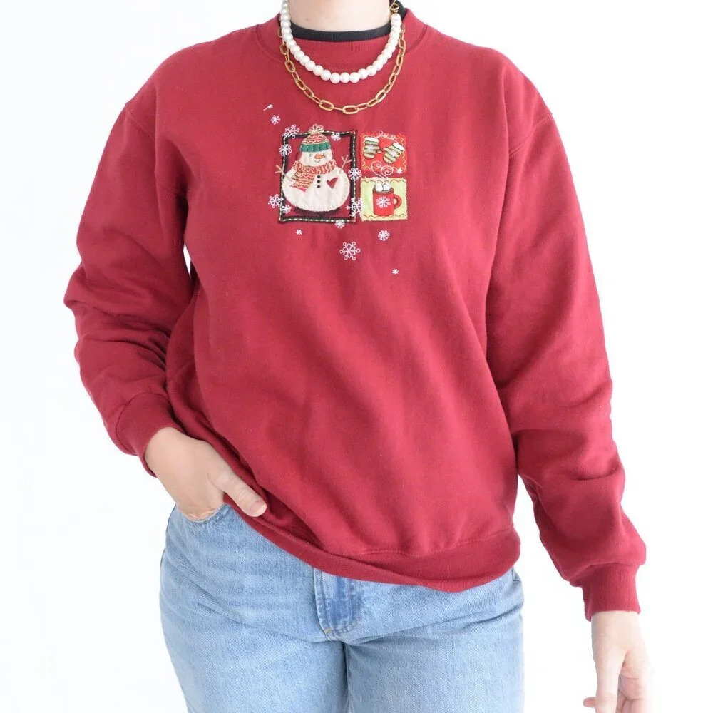 Vintage Country Store Ruby White Snowman Snowflake Embroidery Christmas SweaterM